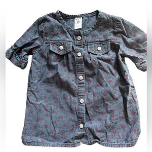 2T Carter’s denim cotton button down blouse w/ pink roses & 2 front pockets